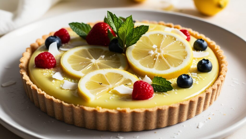 Fit tarta cytrynowa udekorowana plasterkami cytryny, świeżymi owocami i listkami mięty.