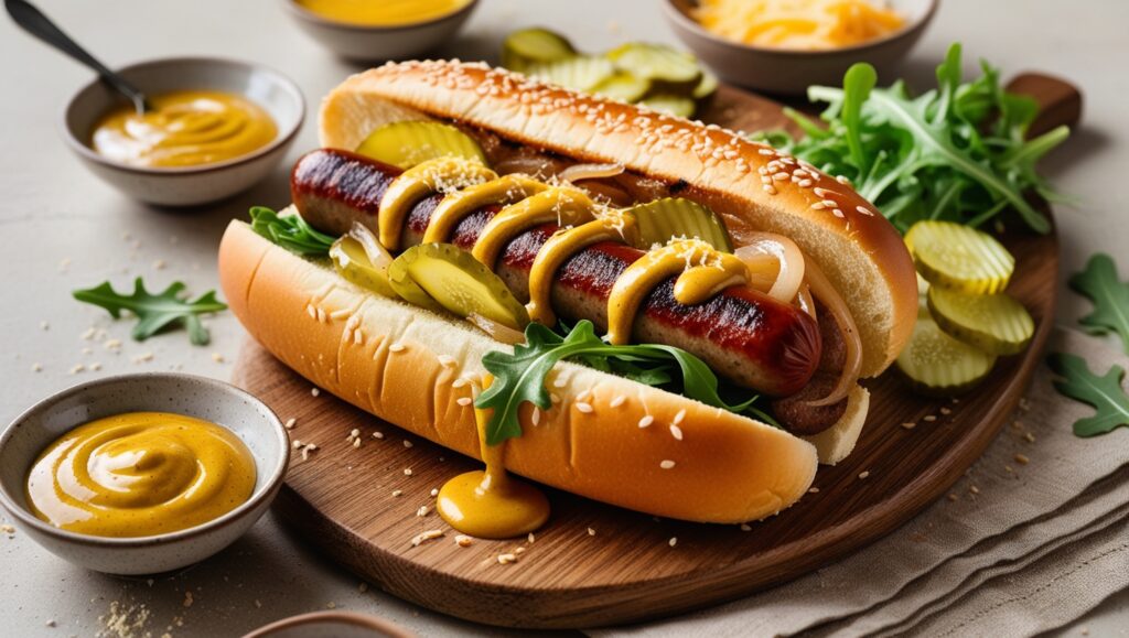 Hot dog z wołowiną, karmelizowaną cebulą i sosem musztardowo-miodowym w maślanej bułce z sezamem.