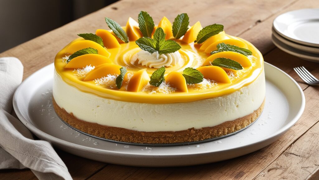 Fit sernik mango z aksamitną masą serową i warstwą mango, udekorowany plasterkami mango i świeżą miętą.