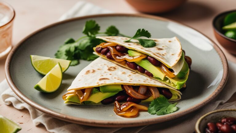 Fit quesadilla z awokado, czerwoną fasolą i karmelizowaną cebulą na eleganckim talerzu.