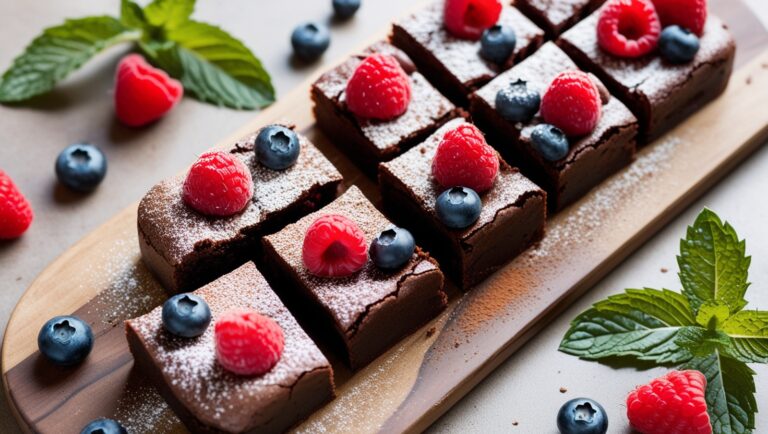 Fit brownie z cukinii z dodatkiem owoców, mięty i posypką z kakao na talerzu.
