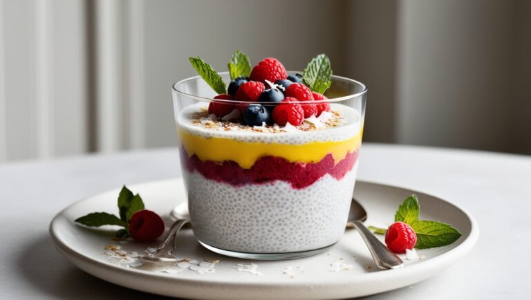 Fit pudding chia w szklance z warstwą musu owocowego i świeżymi owocami jako dekoracja.
