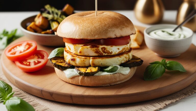 Fit burger z grillowanym halloumi, pieczonymi warzywami i pesto na eleganckim talerzu.