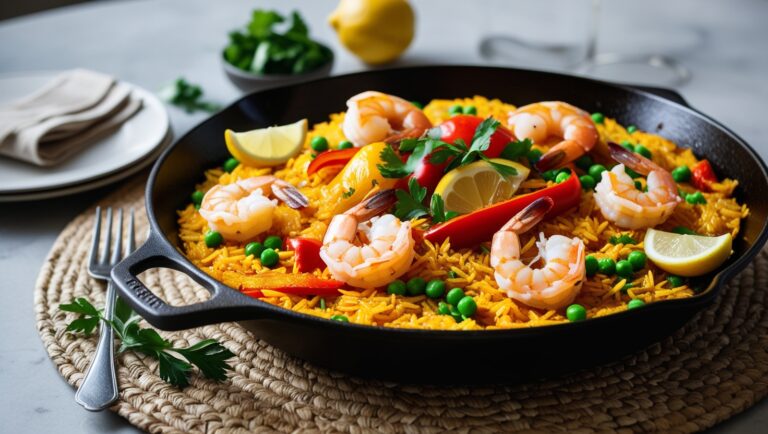 Fit paella z krewetkami, papryką i groszkiem udekorowana pietruszką i cytryną na patelni.