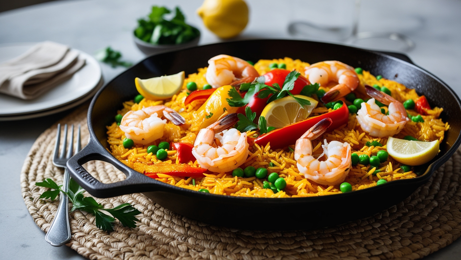 Fit paella z krewetkami, papryką i groszkiem udekorowana pietruszką i cytryną na patelni.