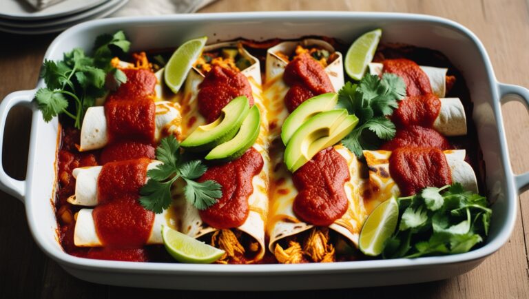 Fit enchiladas z kurczakiem i warzywami, polane sosem pomidorowym i posypane serem, udekorowane kolendrą i awokado.