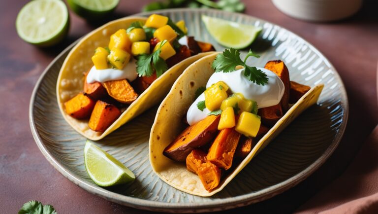 Kolorowe tacos z pieczonym batatem, salsą z mango i jogurtem na eleganckim talerzu.