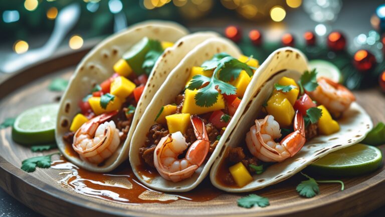Tacos z grillowanymi krewetkami, mango, salsą chipotle i świeżą kolendrą, podane na eleganckim talerzu.