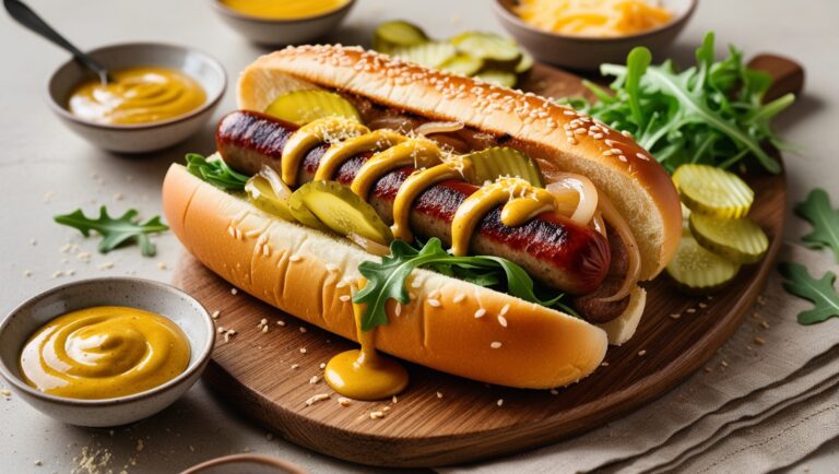 Hot dog z wołowiną, karmelizowaną cebulą i sosem musztardowo-miodowym w maślanej bułce z sezamem.