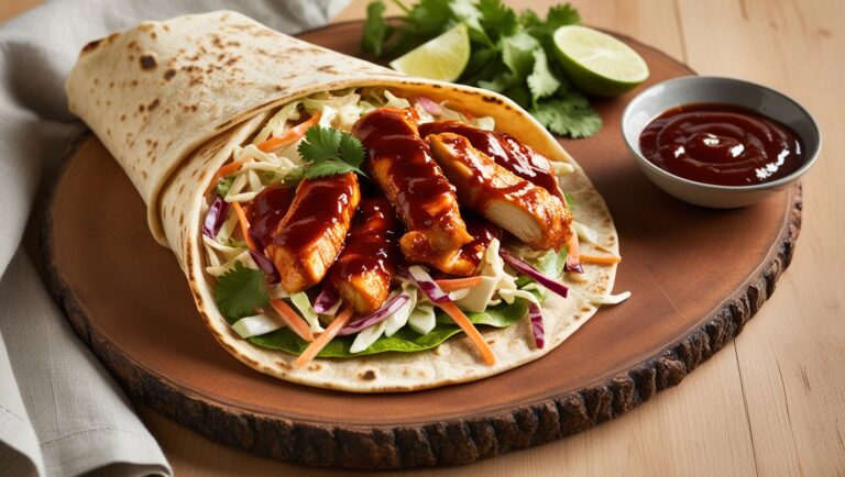 Fit wrap z kurczakiem BBQ i sałatką coleslaw w domowej pełnoziarnistej tortilli, podany z limonką i kolendrą.