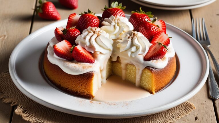 Meksykańskie ciasto Tres Leches, udekorowane świeżymi owocami i bitą śmietaną, podane na eleganckim talerzu.