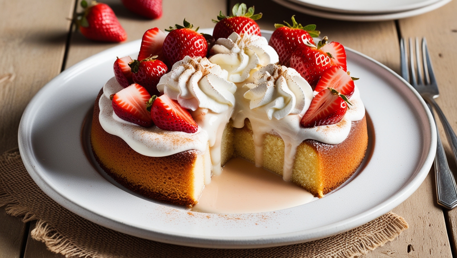 Meksykańskie ciasto Tres Leches, udekorowane świeżymi owocami i bitą śmietaną, podane na eleganckim talerzu.