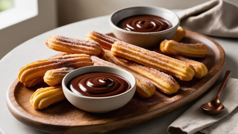 Meksykańskie churros obtoczone w cukrze cynamonowym, podane z aksamitnym sosem czekoladowym w eleganckim naczyniu.