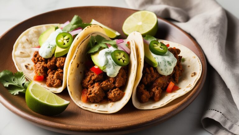 Pikantne meksykańskie tacos z wołowiną, awokado, czerwoną cebulą i sosem jogurtowym, podane z plasterkami limonki.