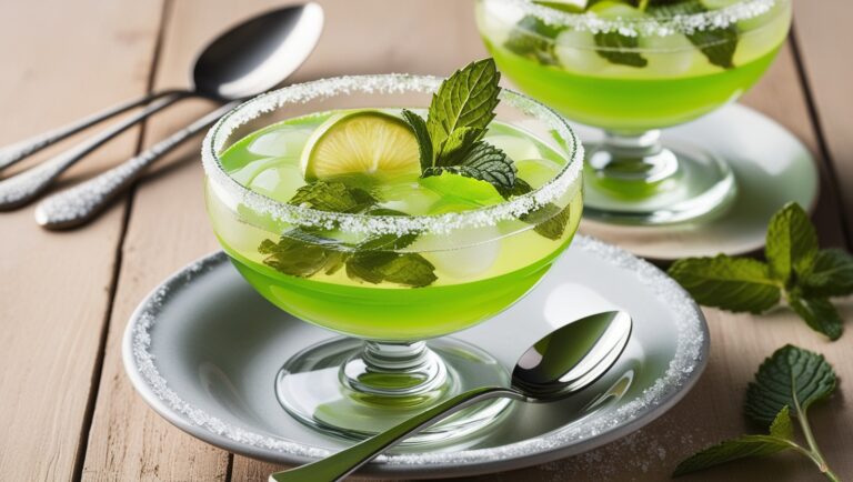 Galaretka Mojito w pucharku, udekorowana świeżą miętą i plasterkiem limonki, z ozdobioną cukrem krawędzią.