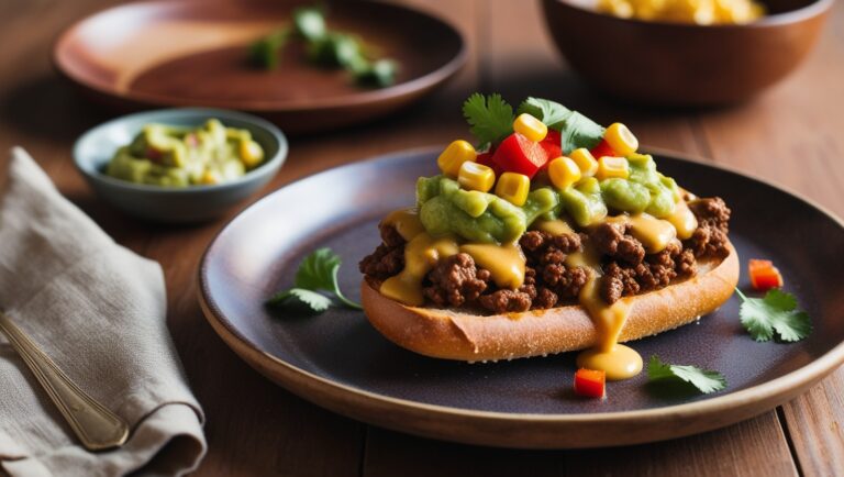 Tex-Mex zapiekanka z wołowiną, guacamole i kremowym sosem serowym, udekorowana papryką, kukurydzą i kolendrą na rustykalnym talerzu.