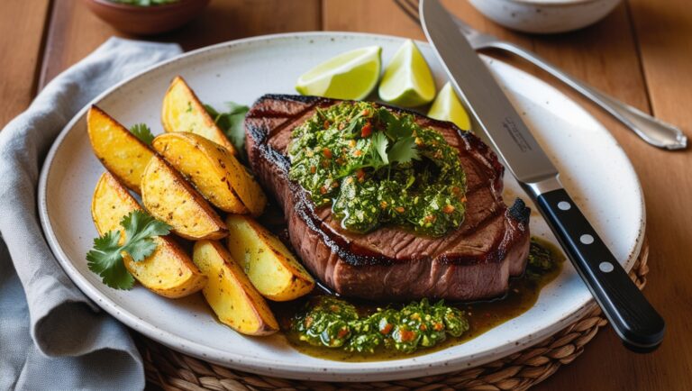 Grillowany stek z sosem chimichurri, podany z pieczonymi ziemniakami i udekorowany plasterkami limonki oraz kolendrą na eleganckim talerzu.