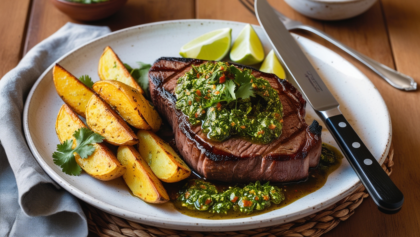 Grillowany stek z sosem chimichurri, podany z pieczonymi ziemniakami i udekorowany plasterkami limonki oraz kolendrą na eleganckim talerzu.