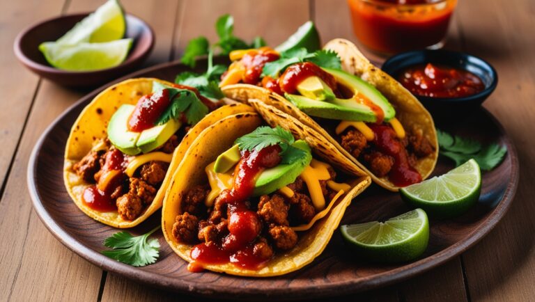 Tacos z pikantnym Chili con Carne, udekorowane awokado, startym cheddarem i sosem habanero, podane na eleganckim talerzu z plasterkami limonki.