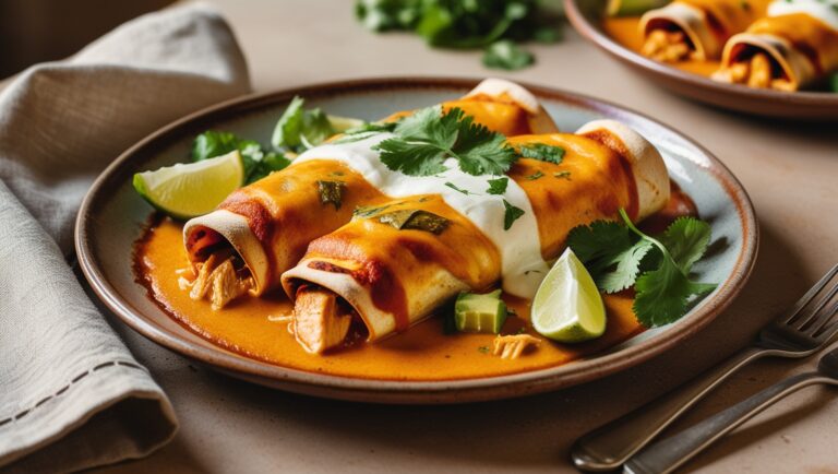 Kremowe enchiladas Tex-Mex z kurczakiem i zapieczonym sosem serowym, udekorowane świeżą kolendrą i plasterkami limonki na eleganckim talerzu.