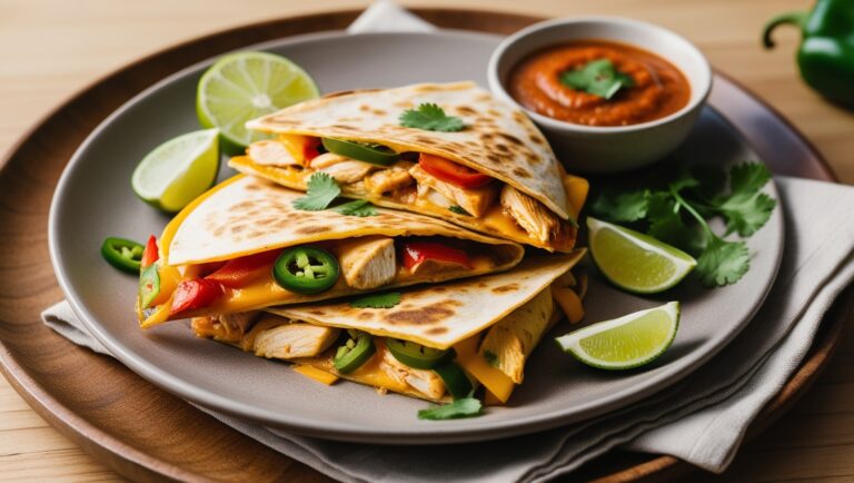 Quesadilla Tex-Mex z kurczakiem, jalapeño i ciągnącym się serem cheddar, podana z kremowym sosem chipotle na eleganckim talerzu.