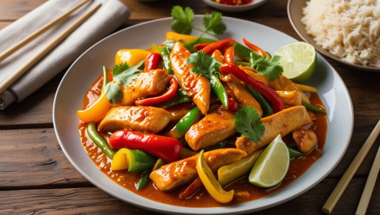 Pikantny tajski stir-fry z kurczakiem i warzywami, udekorowany świeżą kolendrą i plasterkiem limonki, podany z ryżem jaśminowym na eleganckim talerzu.