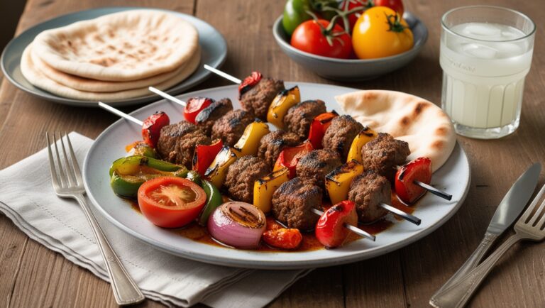 Turecki Adana Kebab z grillowanymi warzywami i pitą, podany z ayranem w szklance, udekorowany pietruszką i plasterkami cytryny.