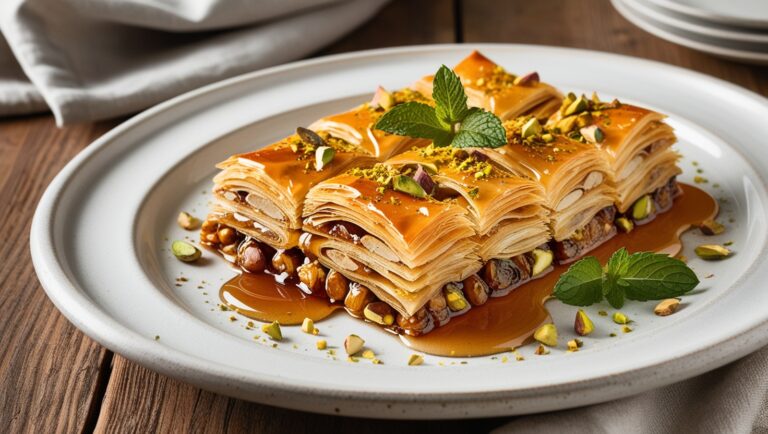 Turecka baklava z orzechami i miodem, udekorowana pistacjami, podana na eleganckim talerzu.