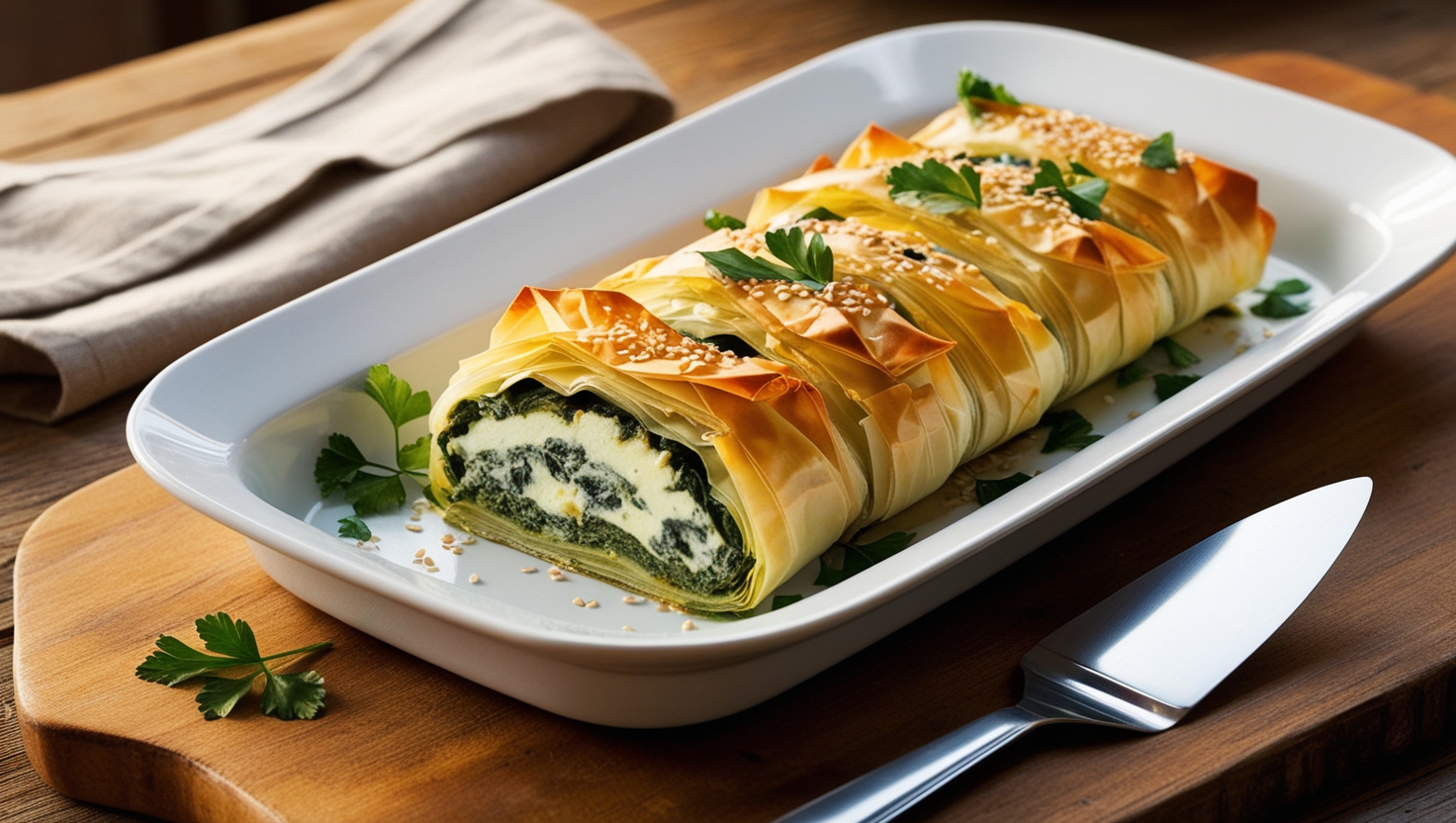 Turecki burek z serem i szpinakiem, udekorowany pietruszką, podany na eleganckim talerzu.