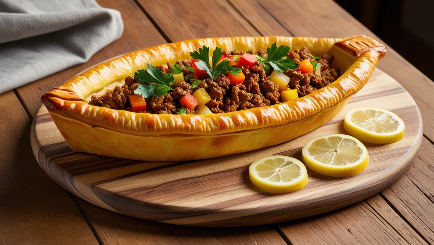 Turecka pide z nadzieniem z mielonego mięsa i przypraw, udekorowana świeżą pietruszką i plasterkami cytryny.