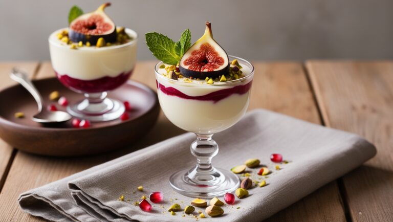 Turecka panna cotta z musem figowym, udekorowana pistacjami i świeżą miętą, podana w eleganckim pucharku.