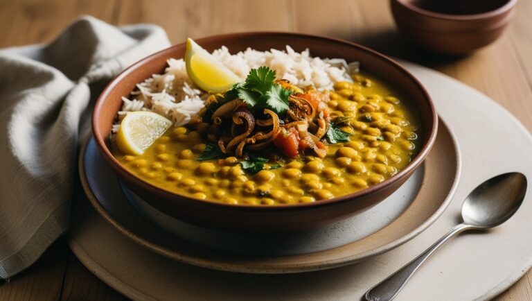 Dal Tadka w miseczce, udekorowany świeżą kolendrą i podany z ryżem basmati na eleganckim talerzu.