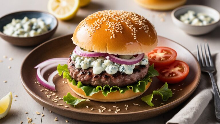 Burger wołowy w maślanej bułce z sezamem, z sosem blue cheese i świeżymi warzywami.