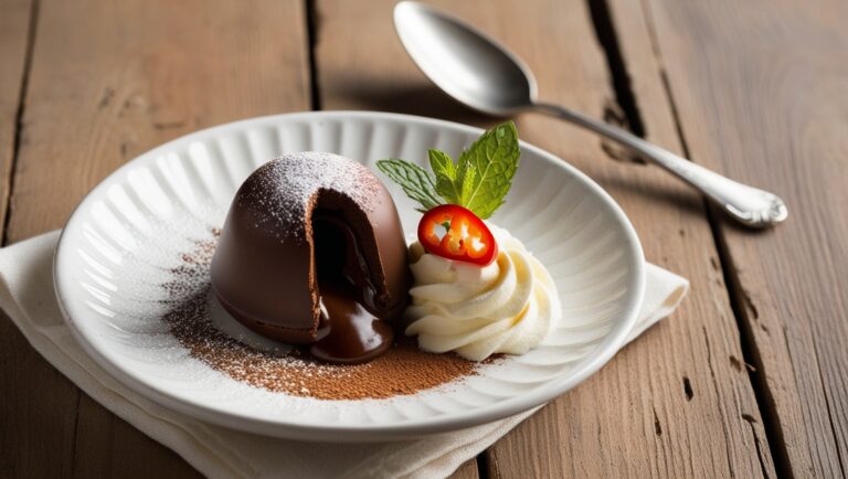 Fondant czekoladowy z płynnym środkiem, udekorowany kremem waniliowym, plasterkiem chili i listkiem mięty na eleganckim talerzu.