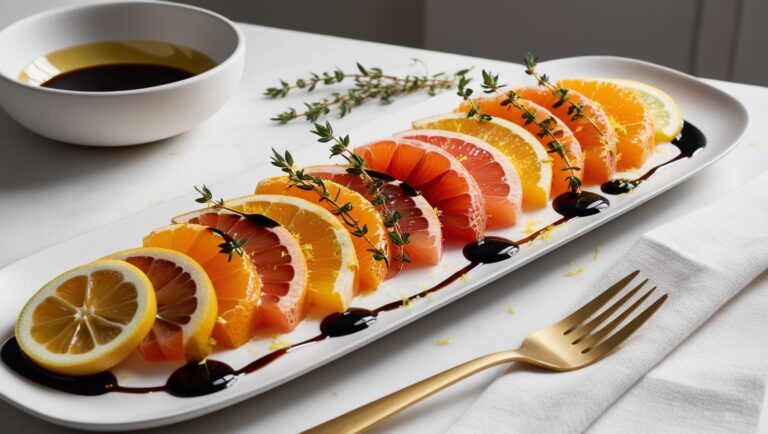 Wytrawny deser z segmentami pomarańczy i grejpfruta, polany balsamiczną redukcją, udekorowany świeżym tymiankiem i skórką z cytryny.