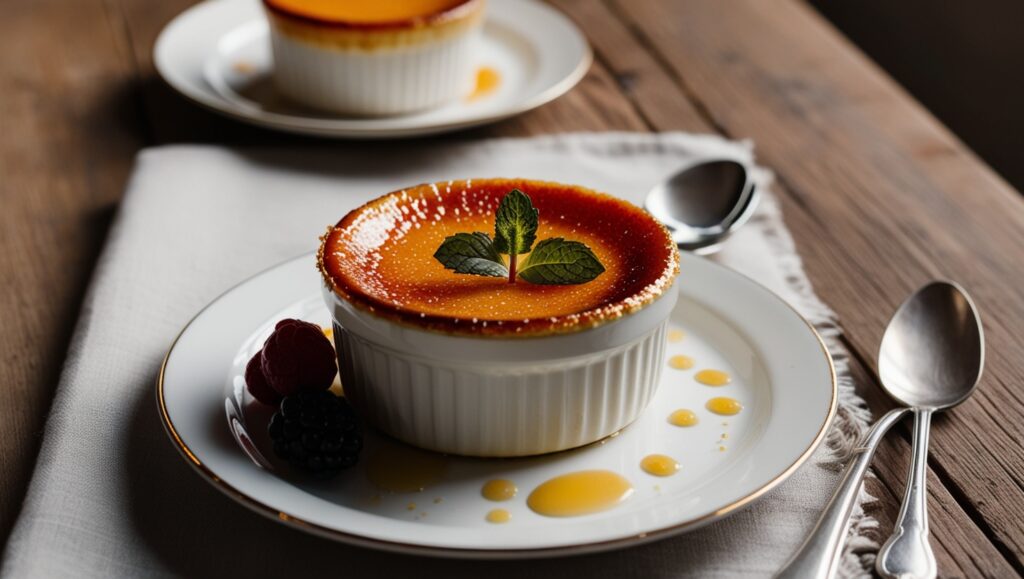 Crème brûlée w ceramicznym ramekinie z karmelizowaną skorupką, udekorowany listkiem mięty i serwowany na eleganckim talerzu.