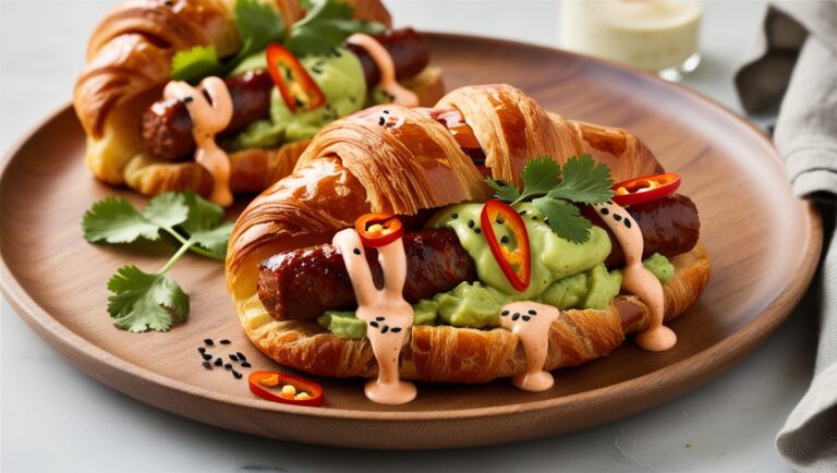Croissant dog z pikantnym chorizo, guacamole i sosem sriracha, udekorowany świeżą kolendrą i plasterkami chili.
