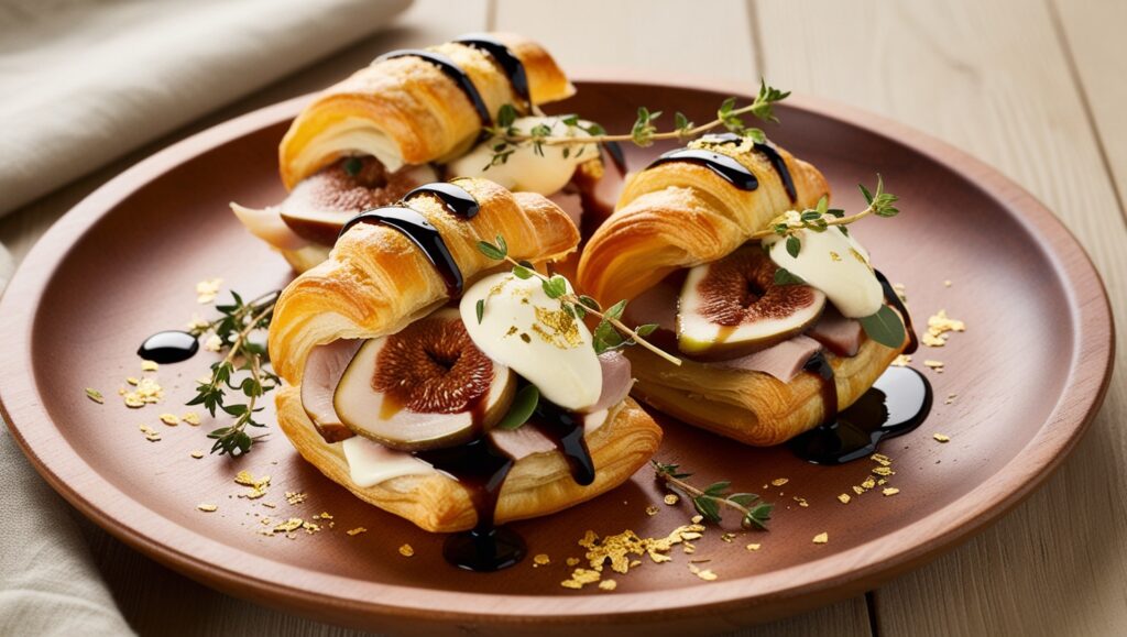Roladki z ciasta francuskiego z kaczką i figami, polane redukcją balsamiczną, udekorowane świeżym tymiankiem.