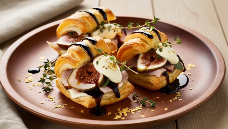 Roladki z ciasta francuskiego z kaczką i figami, polane redukcją balsamiczną, udekorowane świeżym tymiankiem.