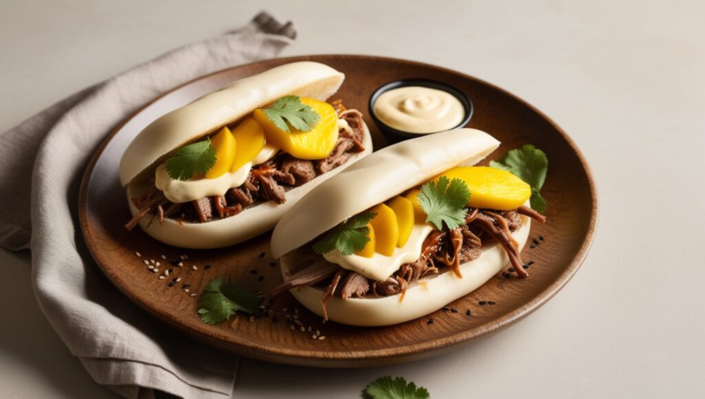 Bao buns z pulled beef, piklowanym mango i sosem chrzanowym, udekorowane kolendrą i czarnym sezamem, podane na eleganckim talerzu.