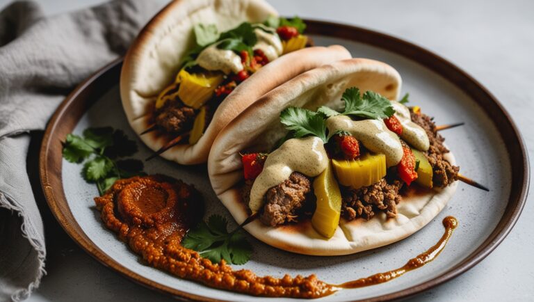 Domowy kebab z jagnięciną w chlebku pita, z piklowanymi warzywami i kremowym sosem tahini, udekorowany świeżą kolendrą.