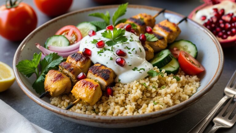 Fit kebab bowl z bulgurem, pieczonym kurczakiem i świeżymi dodatkami w eleganckiej aranżacji.