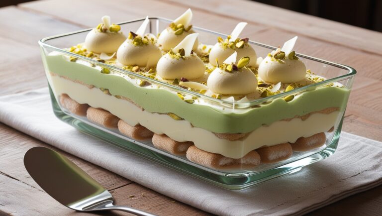Trzywarstwowy deser pistacjowo-waniliowy w naczyniu, udekorowany białą czekoladą i posiekanymi pistacjami.