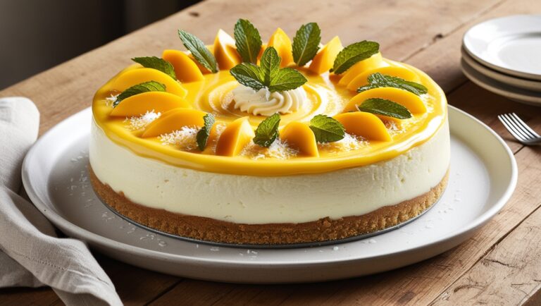 Fit sernik mango z aksamitną masą serową i warstwą mango, udekorowany plasterkami mango i świeżą miętą.