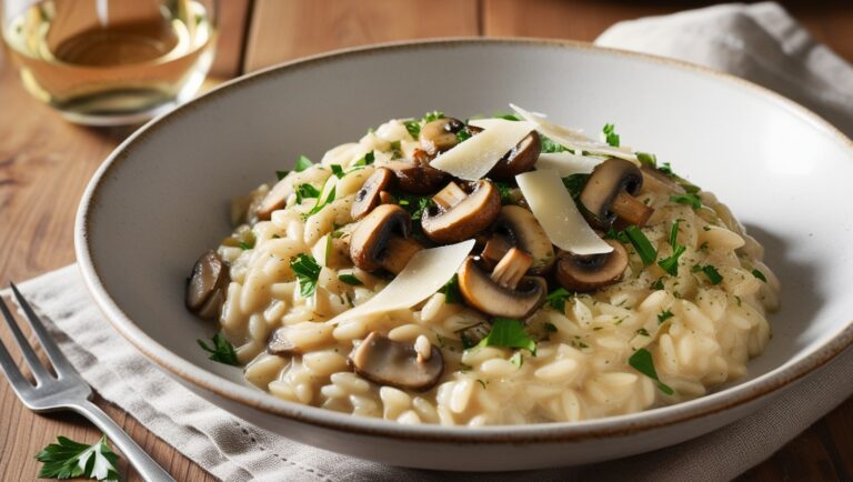 Kremowe risotto z pieczarkami i grana padano, udekorowane natką pietruszki na eleganckim talerzu.