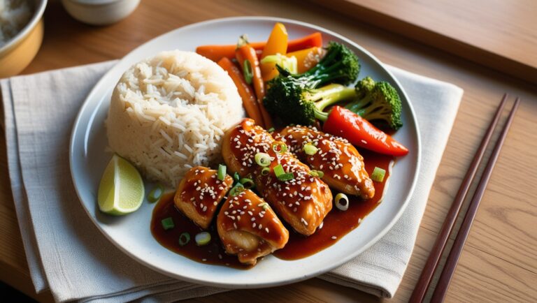 Kurczak teriyaki na ryżu jaśminowym z warzywami, posypany sezamem i szczypiorkiem, podany na eleganckim talerzu.