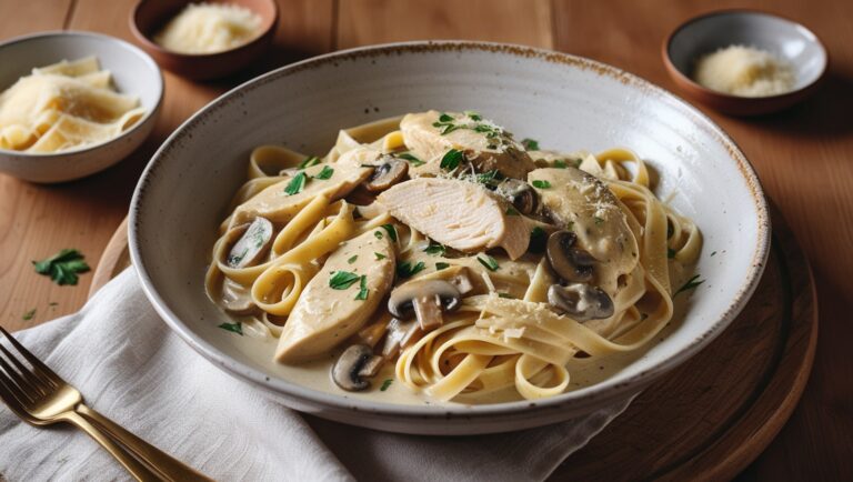 Makaron tagliatelle z kurczakiem i kremowym sosem śmietanowo-pieczarkowym, udekorowany parmezanem i natką pietruszki.