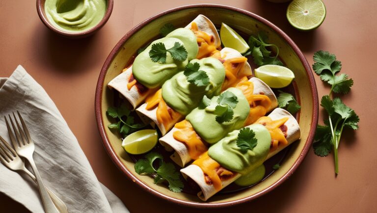 Fit enchiladas verde z kurczakiem, polane sosem z awokado, udekorowane świeżą kolendrą i plasterkami limonki.