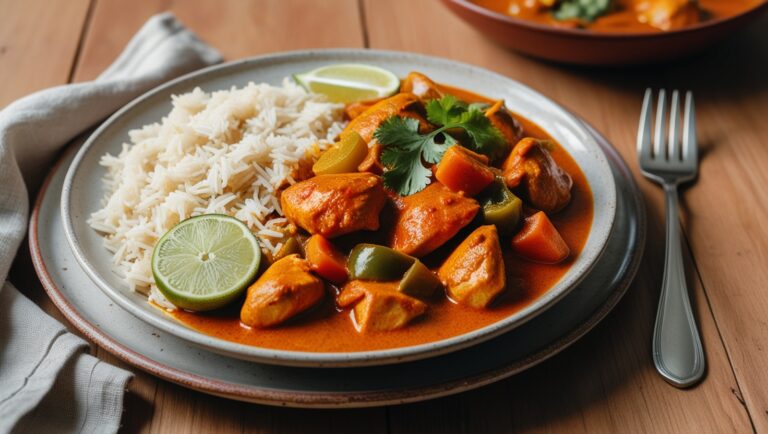 Kurczak w sosie masala z warzywami, podany z ryżem basmati i udekorowany świeżą kolendrą na eleganckim talerzu.