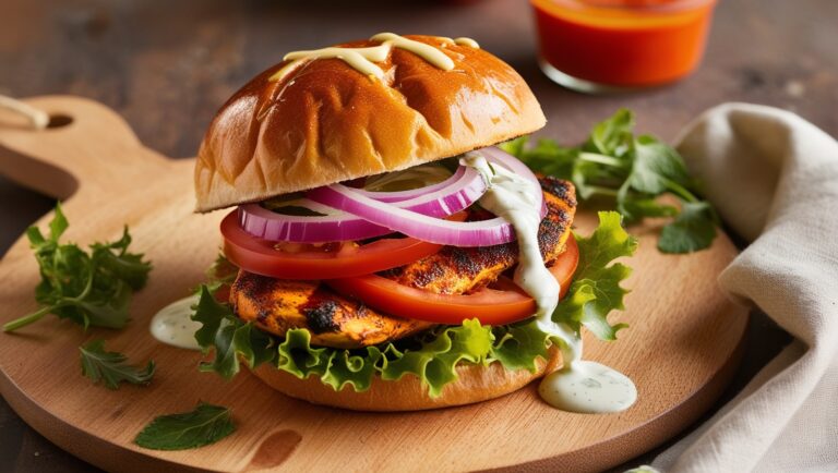 Burger z kurczakiem tandoori, sałatą, pomidorem i sosem jogurtowo-miętowym w pełnoziarnistej bułce na eleganckim talerzu.